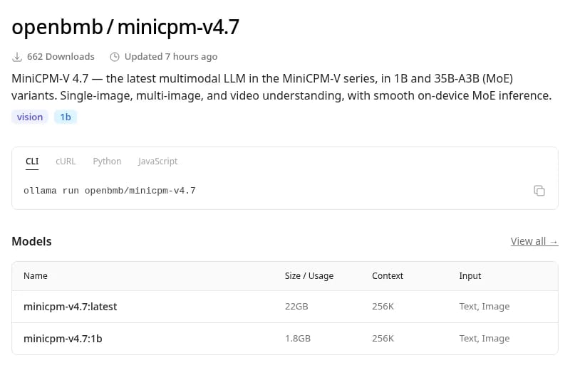 openbmb/minicpm-v4.7 on Ollama: a 22GB default tag and a 1.8GB 1B tag, both with a 256K context window