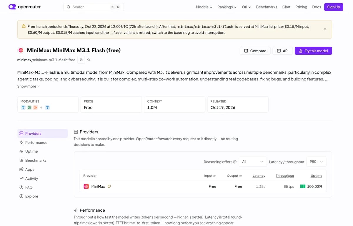 OpenRouter page for MiniMax M3.1 Flash free, with the notice that the free launch ends October 22, 2026 at 12:00 UTC