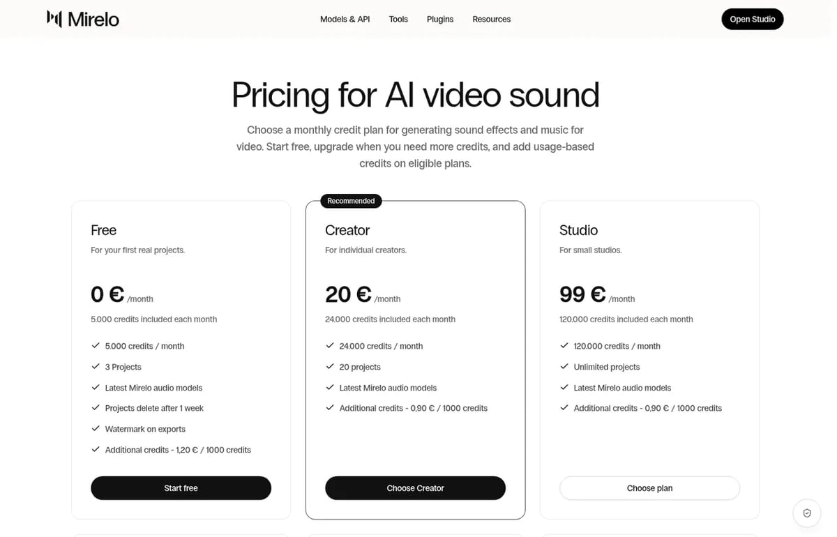 Mirelo pricing: Free, Creator 20 EUR, Studio 99 EUR