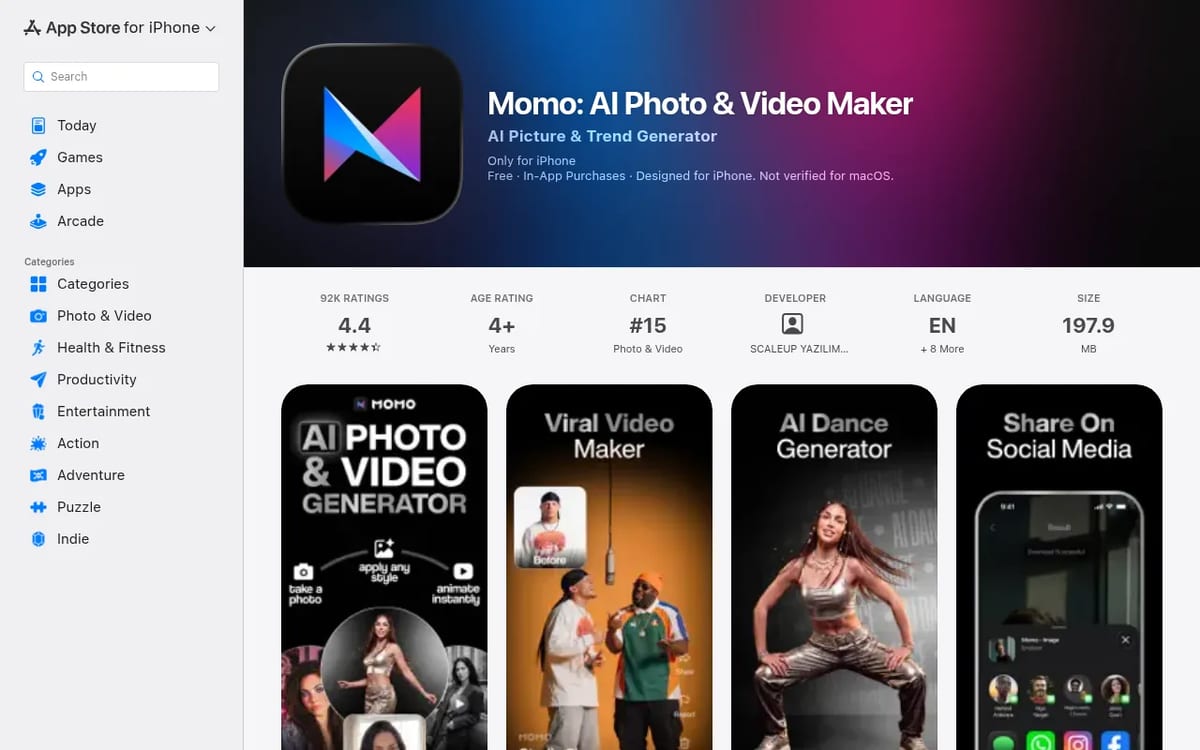Momo: AI Photo & Video Maker App Store listing: free with in-app purchases, 4.4 rating