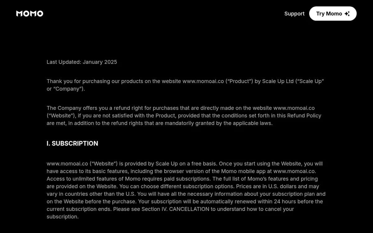 Momo refund policy page on momoai.co: subscriptions, free tier and refund conditions