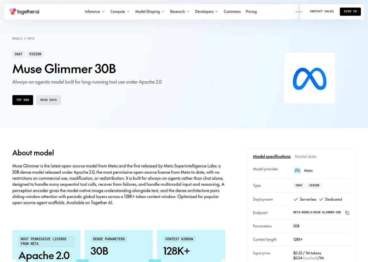 Together AI Muse Glimmer 30B page with $0.35 per 1M input tokens pricing