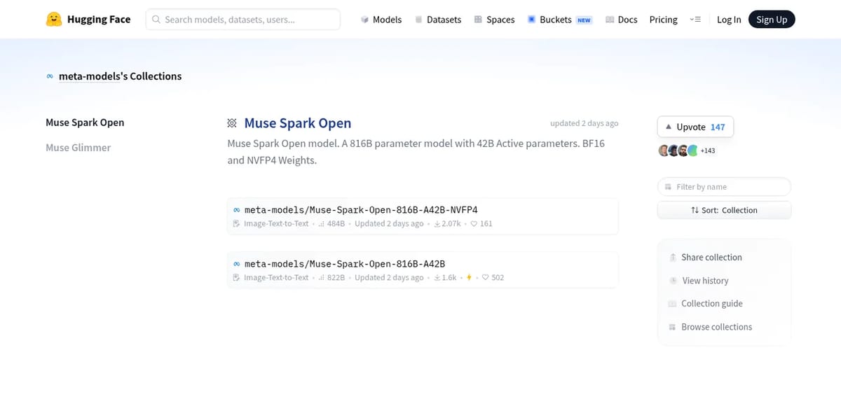 Muse Spark Open collection on Hugging Face with BF16 and NVFP4 weights