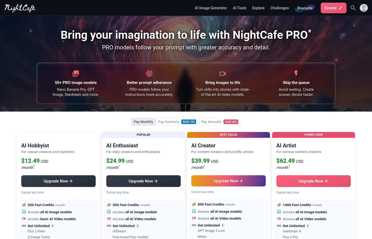 NightCafe PRO pricing