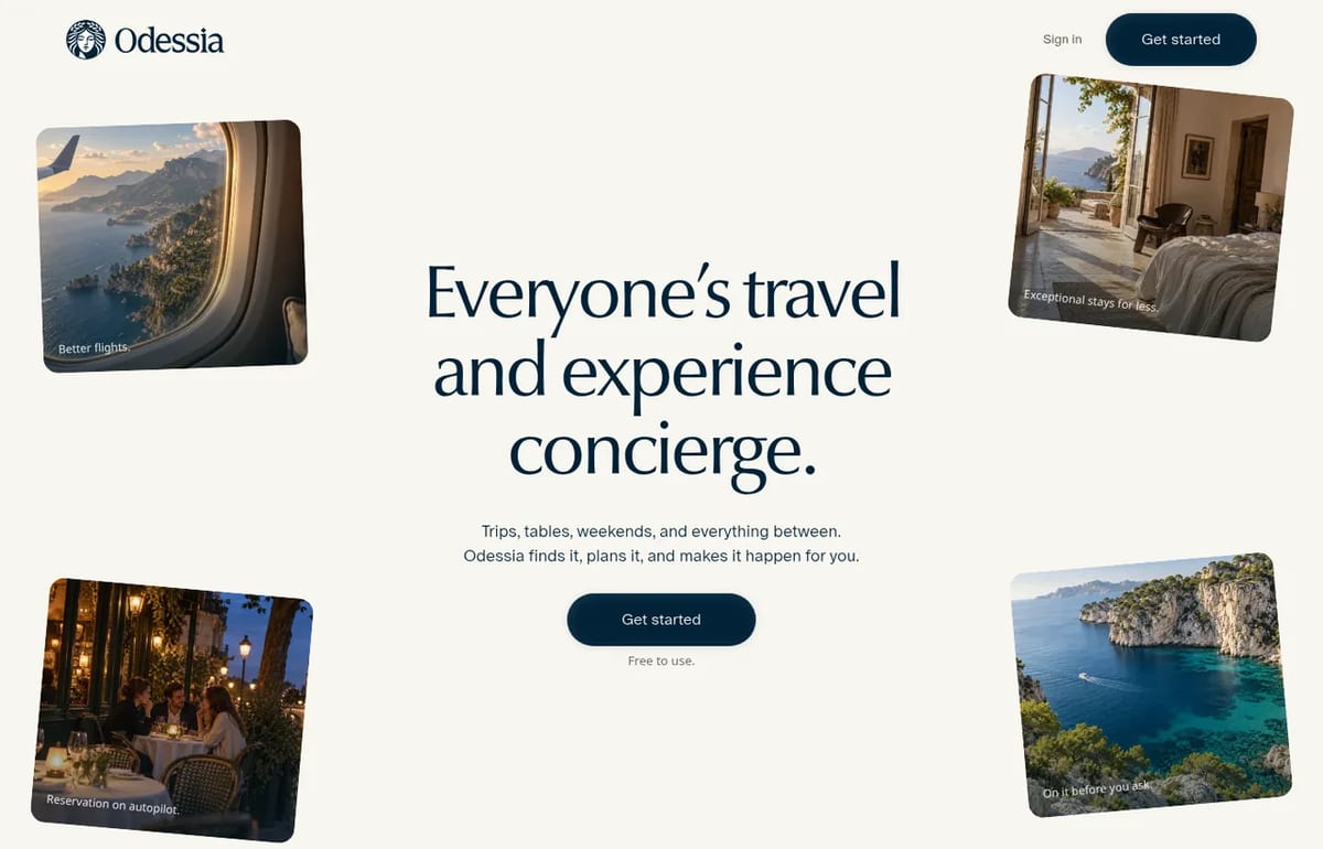 Odessia homepage: everyone's travel and experience concierge, free to use