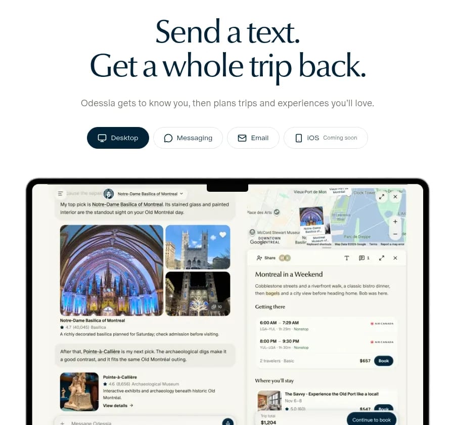 Odessia plans a weekend from a text, with flights and hotels ready to book