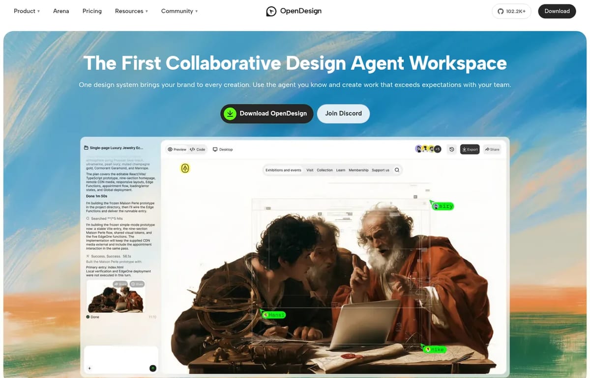OpenDesign homepage: the first collaborative design agent workspace