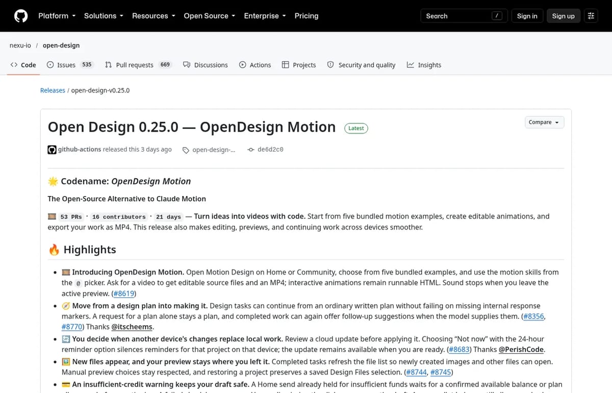 OpenDesign 0.25.0 release on GitHub, codename OpenDesign Motion, the open-source alternative to Claude Motion
