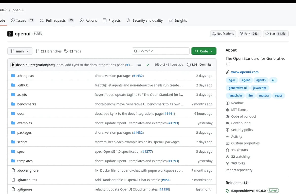 The thesysdev/openui GitHub repository: MIT licence and about 11.4k stars in October 2026