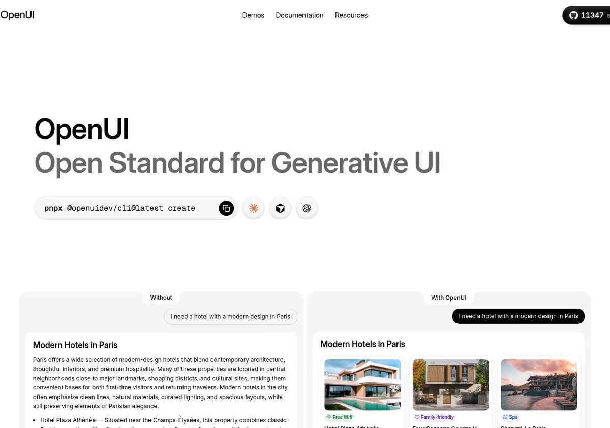 OpenUI homepage: the open standard for generative UI, with a plain-text answer next to the same answer rendered as interactive UI