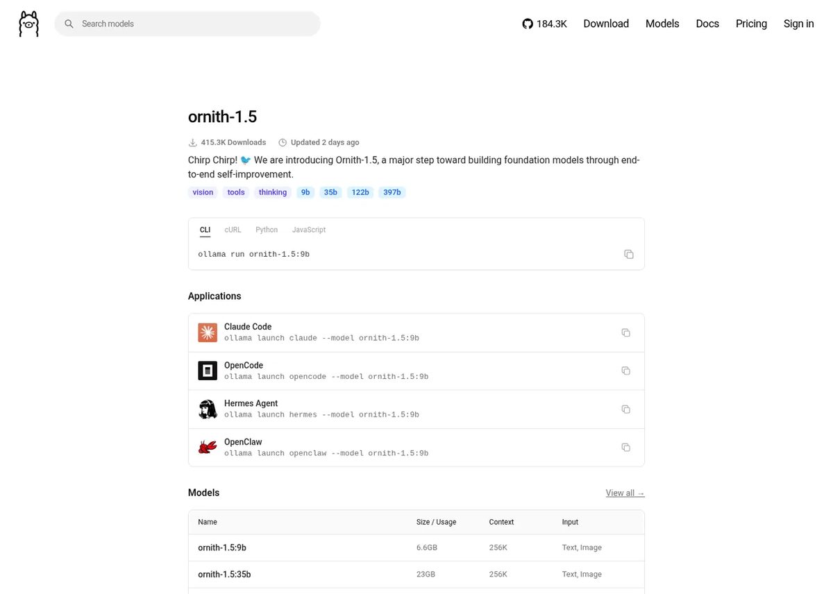 Ornith 1.5 on the Ollama library