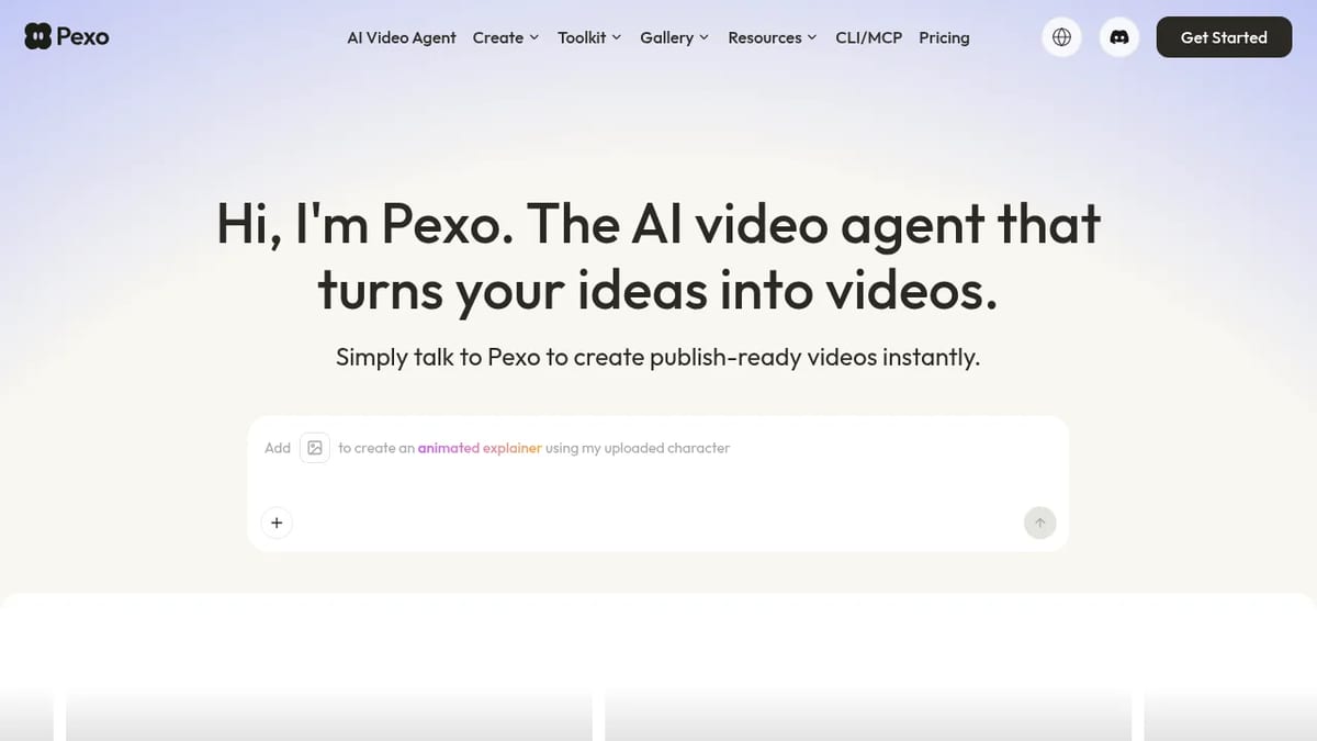 Pexo homepage: the AI video agent that turns ideas into videos