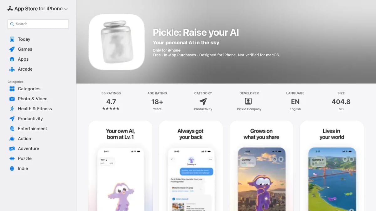 Pickle: Raise your AI on the US App Store, free for iPhone with in-app purchases
