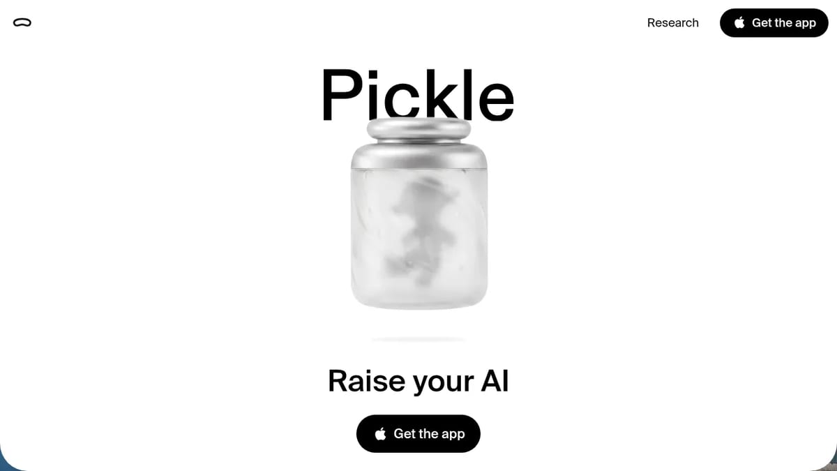 Pickle homepage: Raise your AI, with a link to get the iPhone app