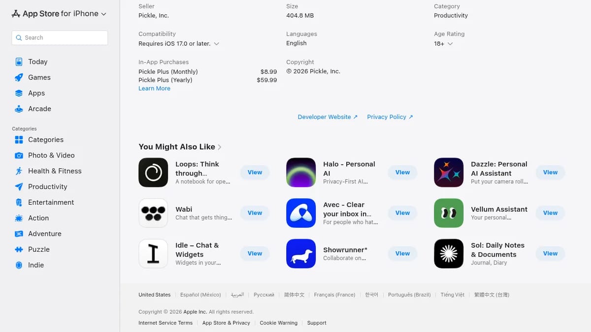 App Store in-app purchases: Pickle Plus at $8.99 a month or $59.99 a year