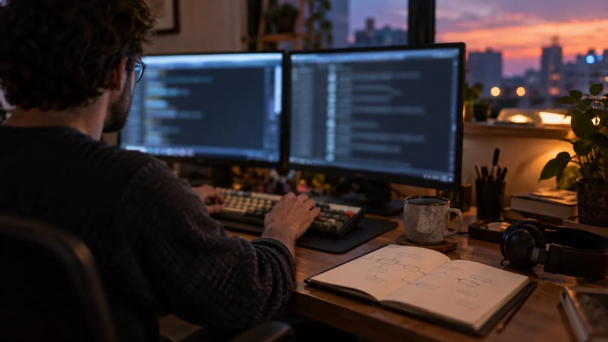 Engineer running a web data collection pipeline on two monitors