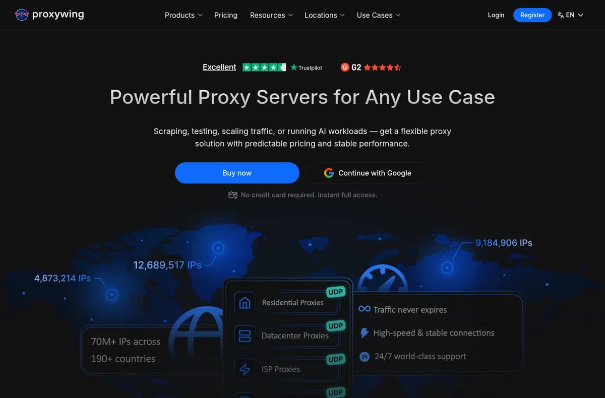 ProxyWing homepage: proxy servers for scraping, testing and AI workloads