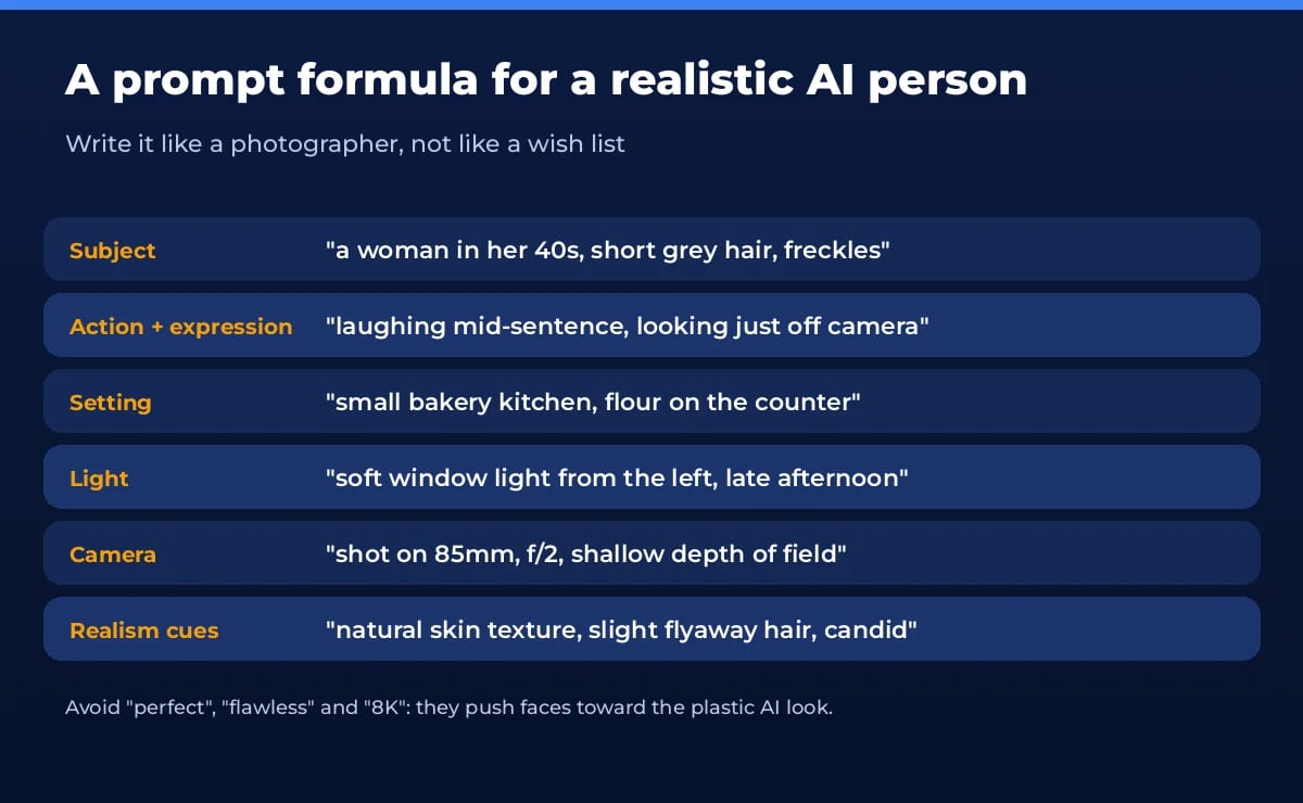 Prompt formula for a realistic AI person: subject, action, setting, light, camera and realism cues