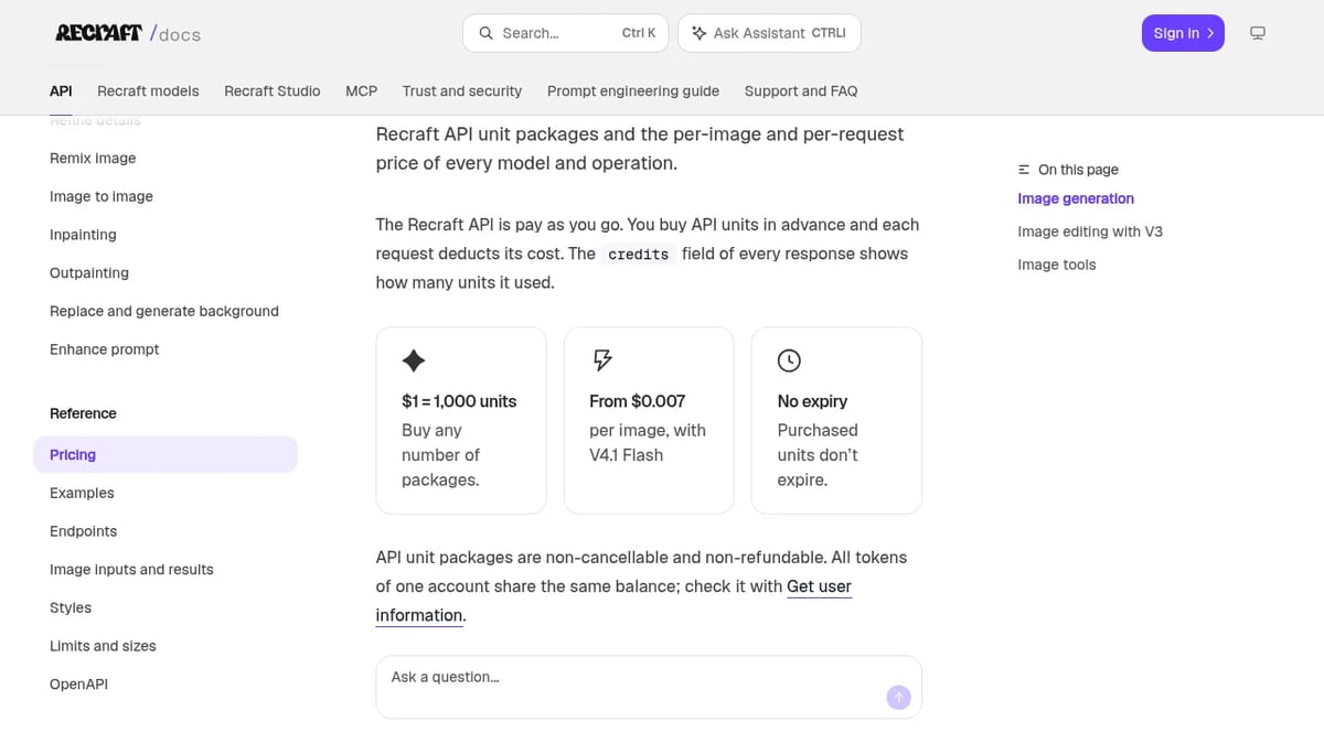 Recraft API pricing docs: from $0.007 per image with V4.1 Flash