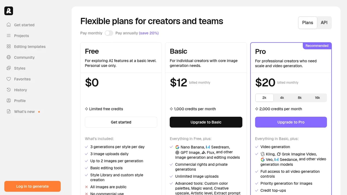 Recraft pricing page: Free, Basic $12 and Pro $20 monthly plans