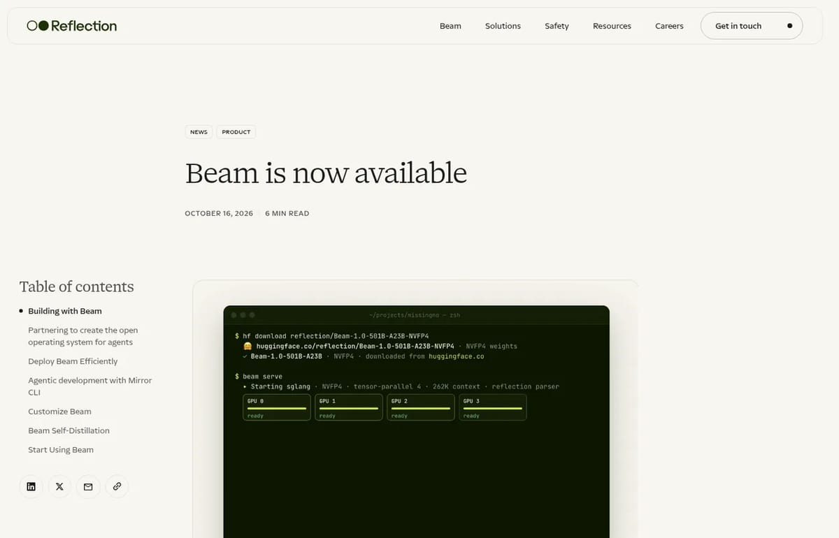 Reflection blog post: Beam is now available, dated October 16, 2026