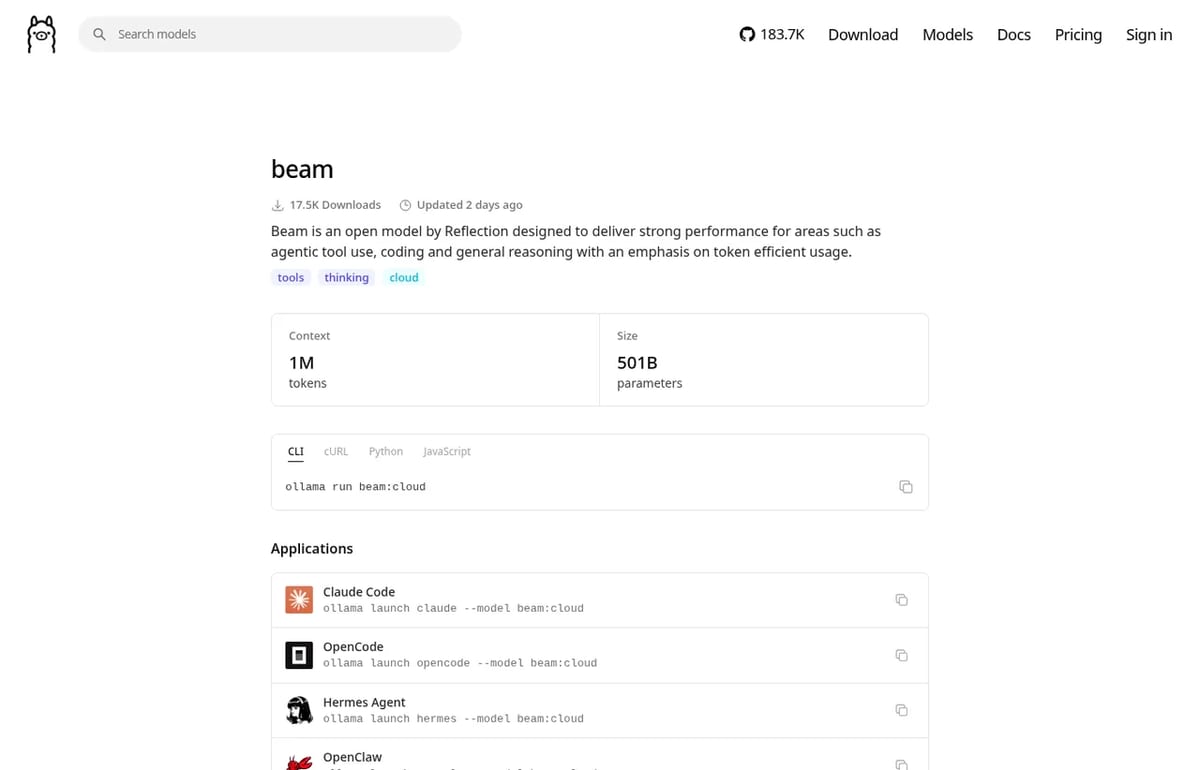 Beam model page on Ollama with the ollama run beam:cloud command and 1M-token context