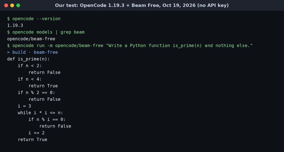 OpenCode 1.19.3 running opencode/beam-free with no API key in our October 19 test