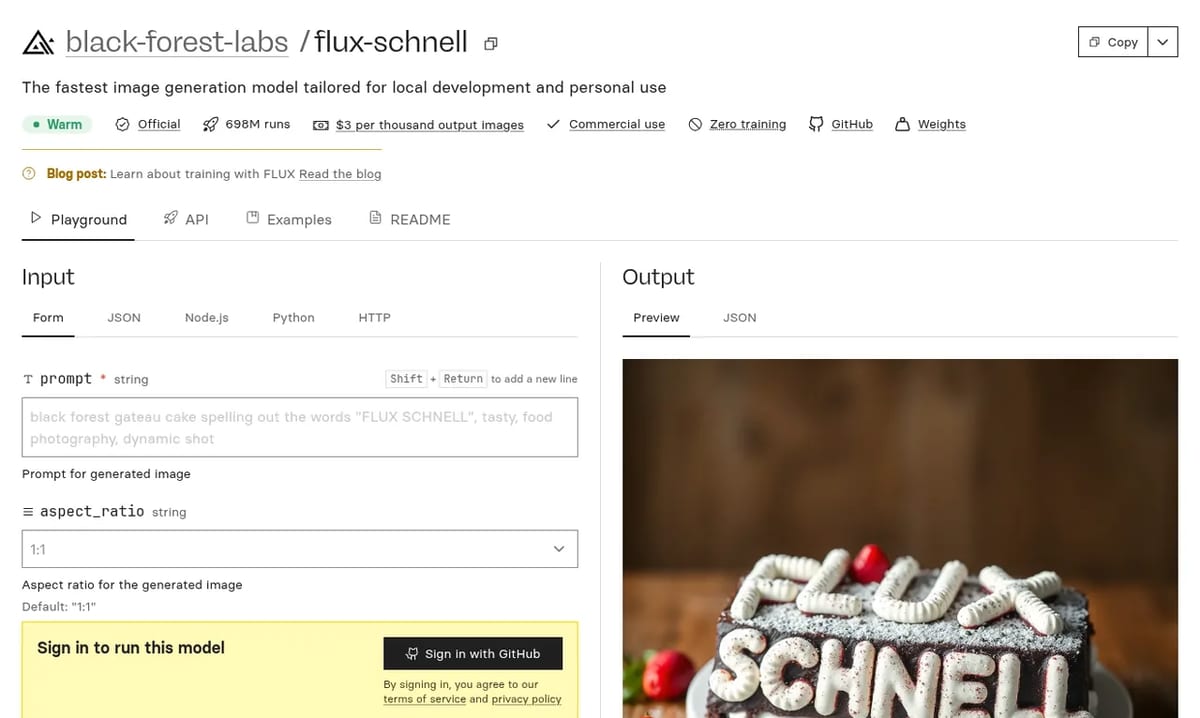 The black-forest-labs/flux-schnell model page on Replicate: $3 per thousand output images, commercial use