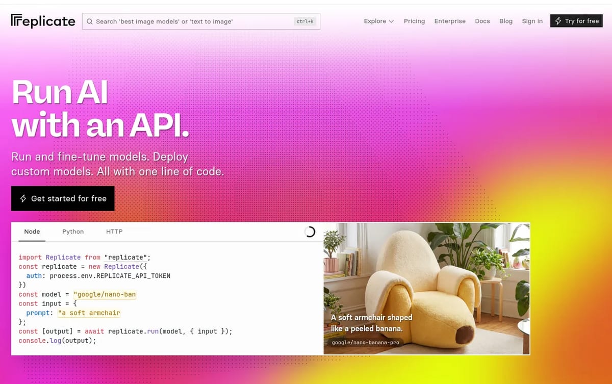 Replicate homepage: run AI with an API, with a Node.js code sample calling a model
