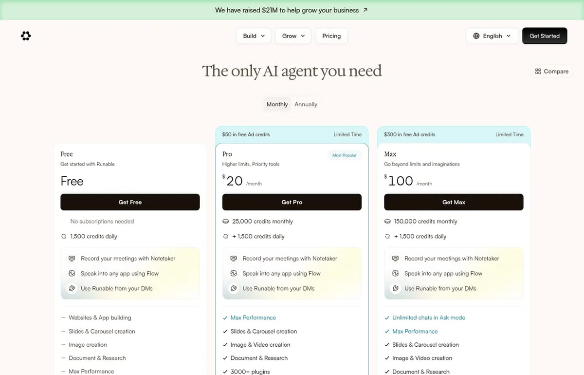 Runable pricing page with Free, Pro at $20 and Max at $100 a month