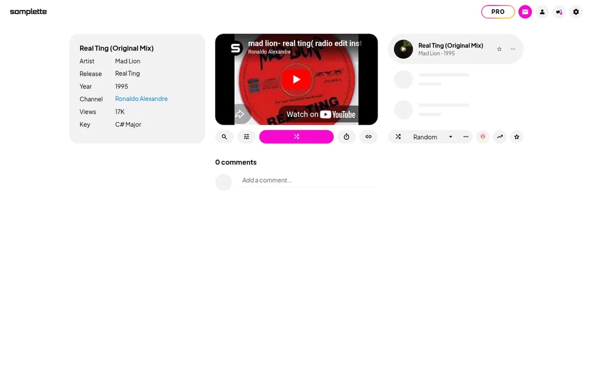 Samplette random player showing a track with Discogs release data