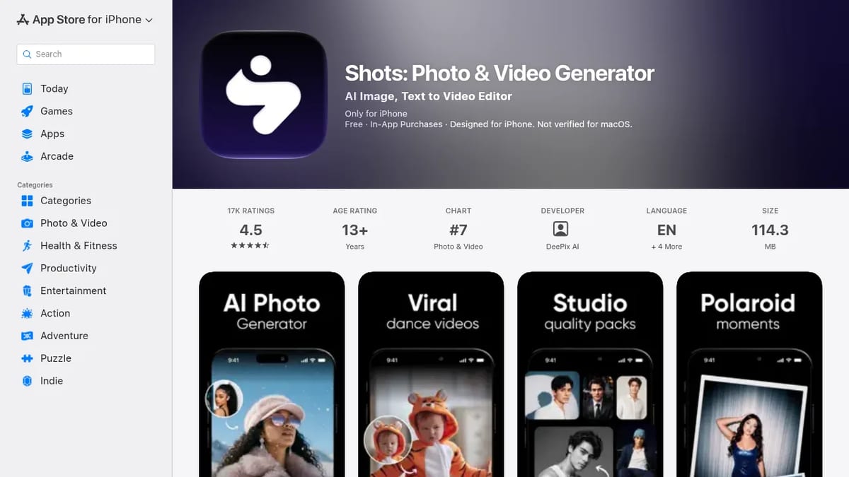 Shots: Photo & Video Generator on the US App Store, No. 7 in Photo & Video