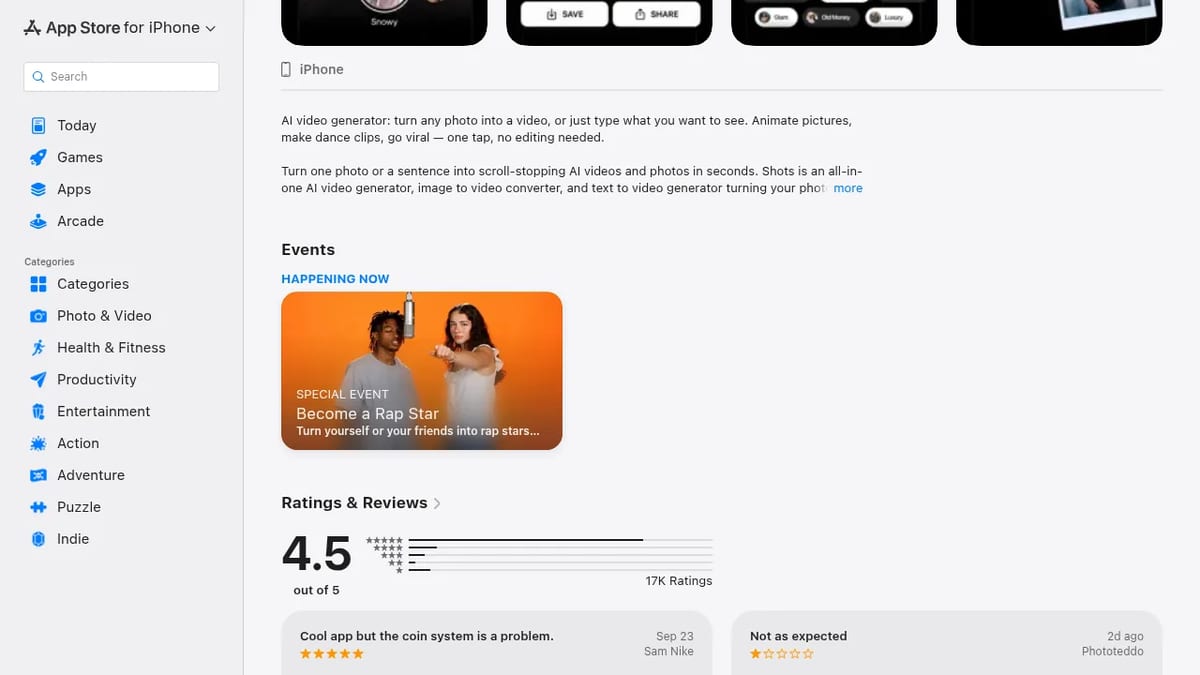 Shots App Store page: photo to video and dance clips, events and 4.5-star rating