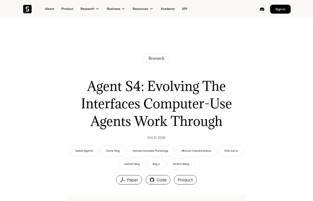 Simular Agent S4 research announcement, October 21, 2026