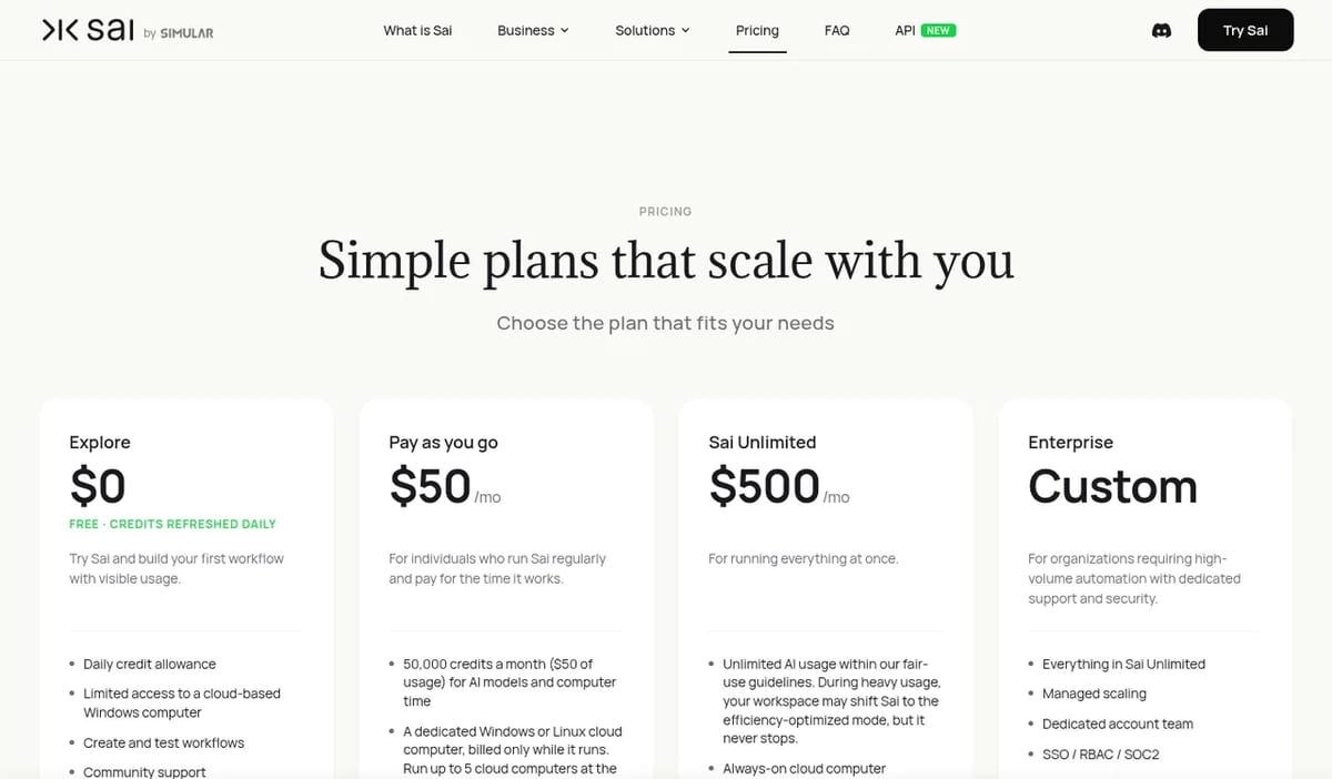 Simular Sai pricing: Explore free, Pay as you go $50 and Unlimited $500
