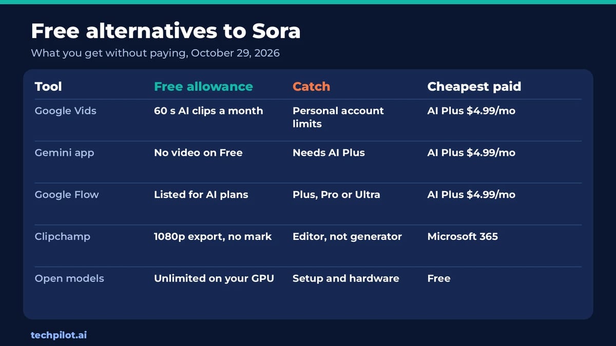 Free alternatives to Sora compared: Google Vids, Gemini, Google Flow, Clipchamp and open models