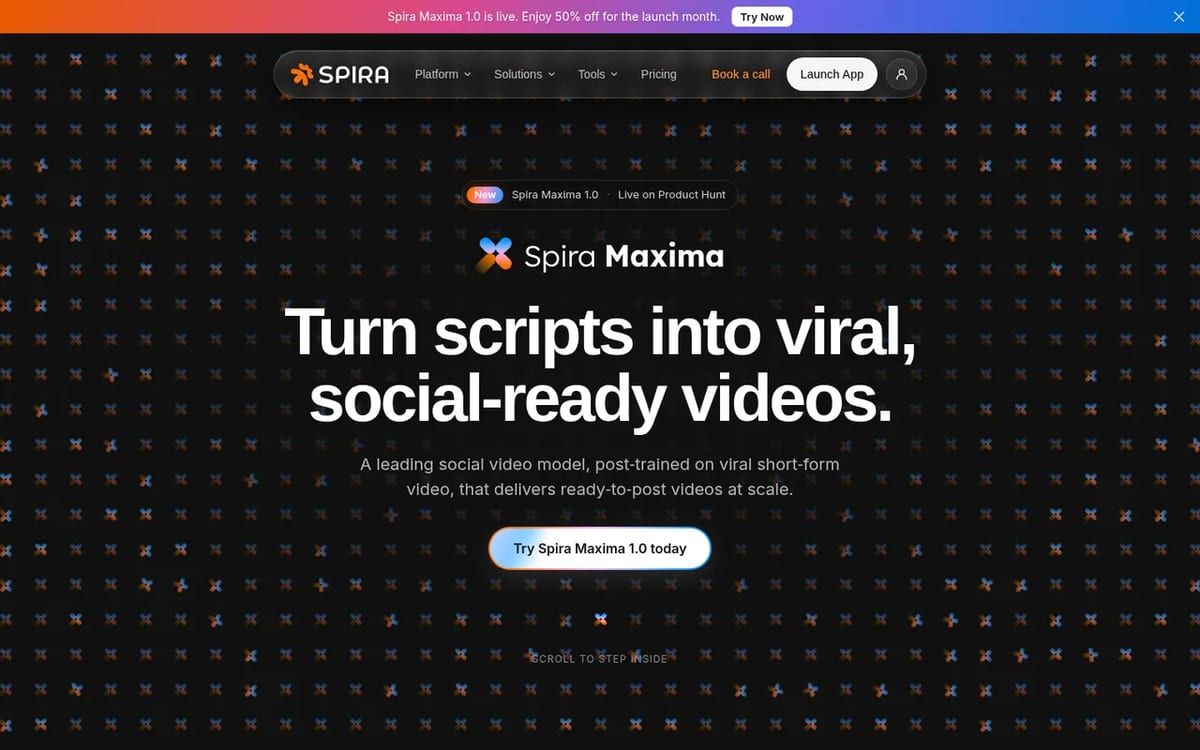 Spira Maxima landing page: script-to-social video model