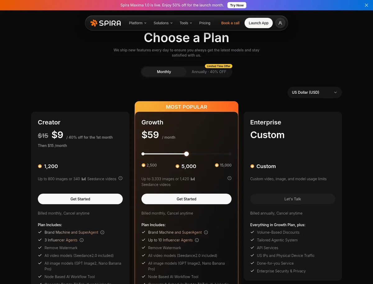 Spira pricing: Creator, Growth and credit-based plans