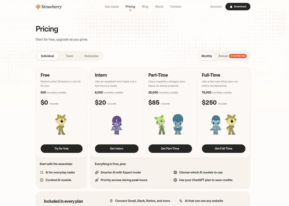 Strawberry Browser pricing: Free, Intern, Part-Time and Full-Time plans