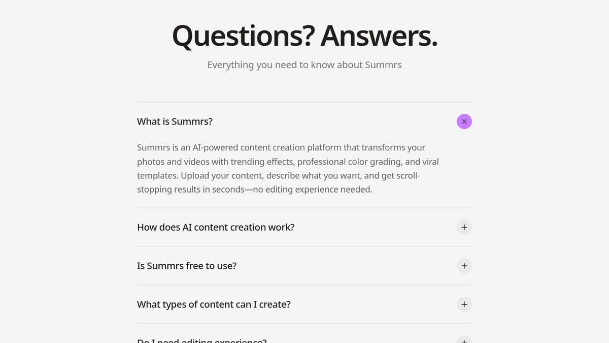 Summrs FAQ on summrs.com, which covers free credits and plan prices