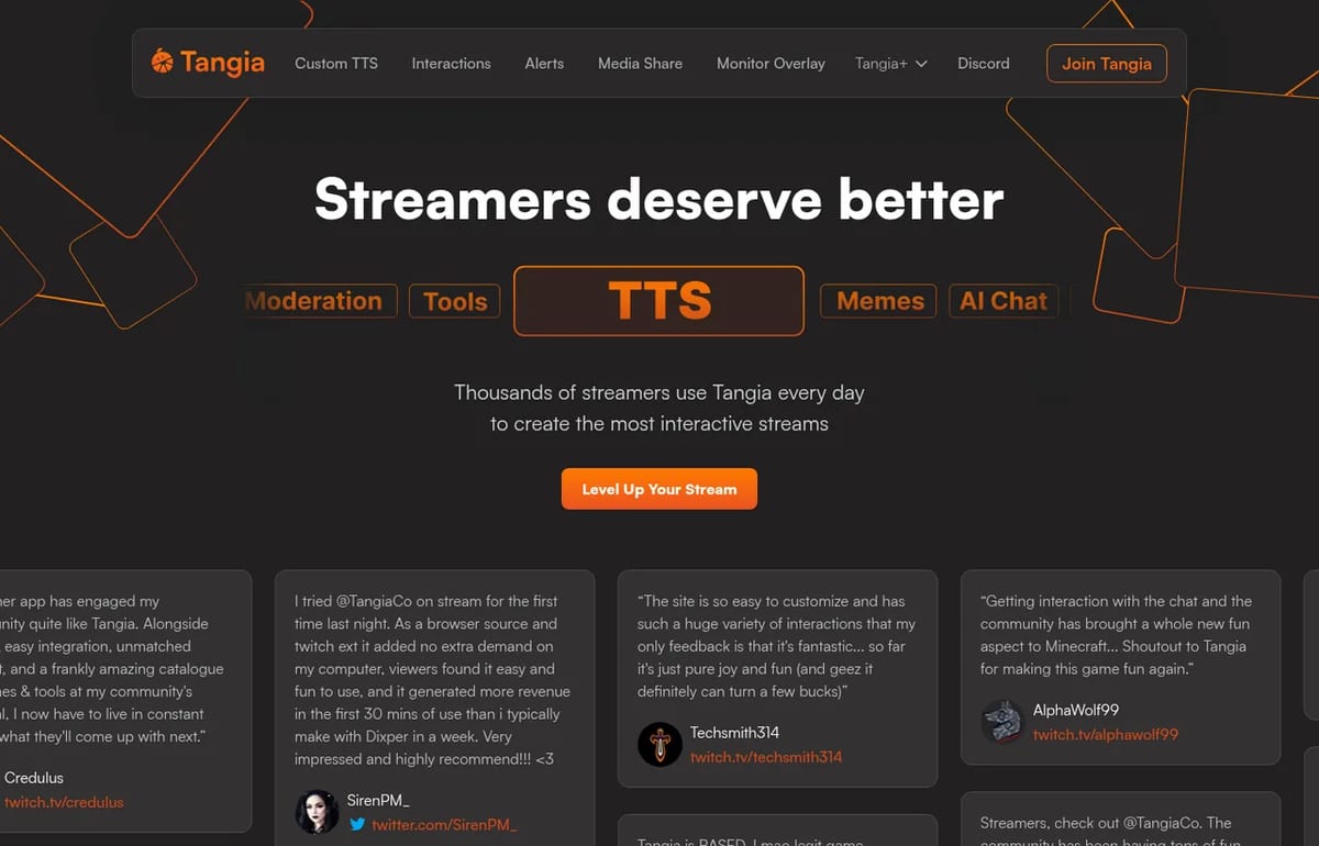 Tangia homepage: interactive TTS, memes and AI chat for streamers