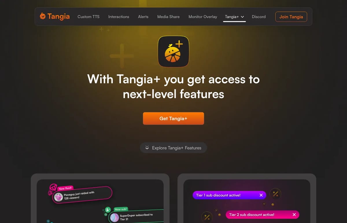 Tangia+ page for streamers with TTS alerts and sub discounts