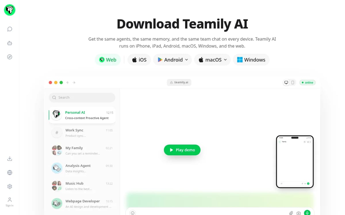 Teamily AI download page: one app on iPhone, iPad, Android, macOS, Windows and web