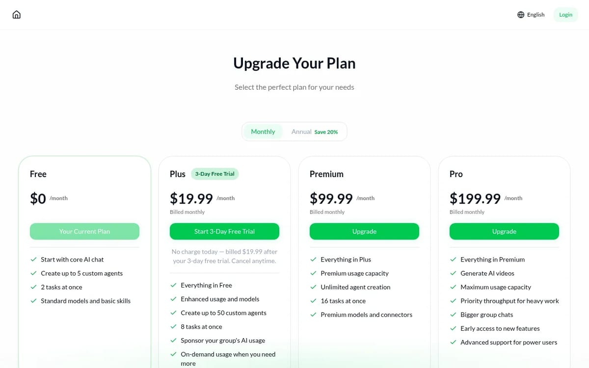 Teamily AI pricing: Free, Plus $19.99, Premium $99.99 and Pro $199.99 per month
