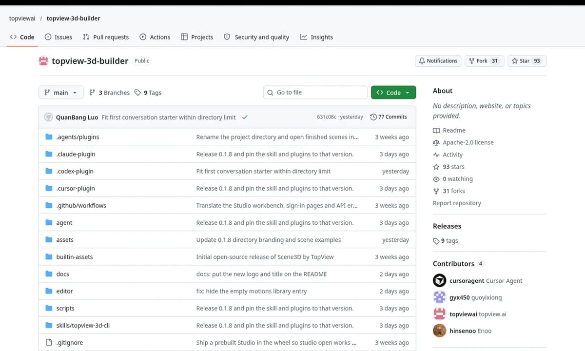 The topviewai/topview-3d-builder repository on GitHub, Apache-2.0 licence
