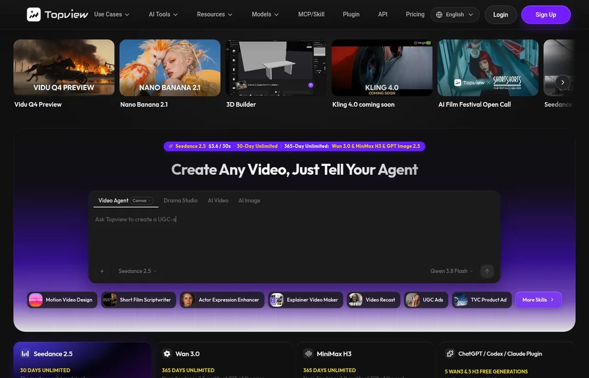 Topview AI homepage with the Video Agent