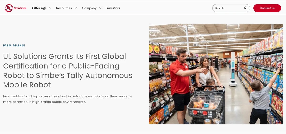 UL Solutions certification of Simbe's Tally robot