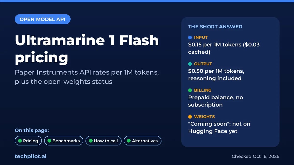 Ultramarine 1 Flash pricing at a glance: $0.15 in, $0.50 out per 1M tokens, weights coming soon
