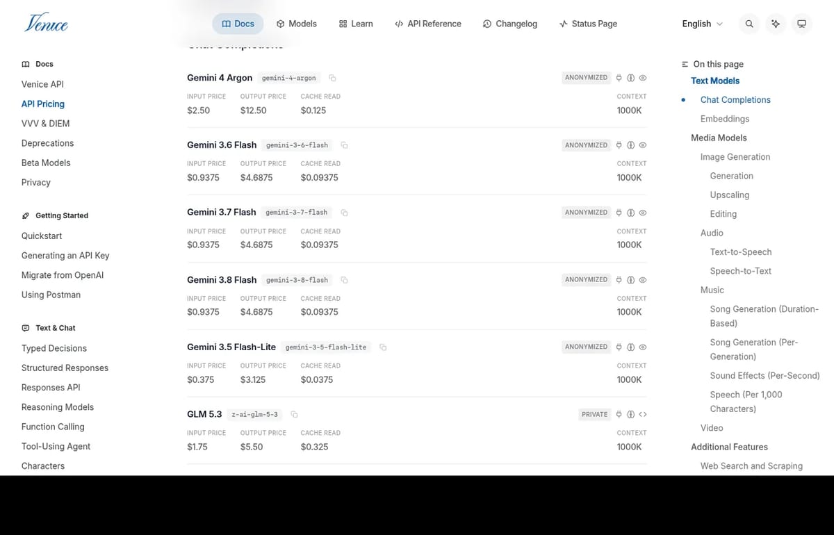 Venice API pricing docs