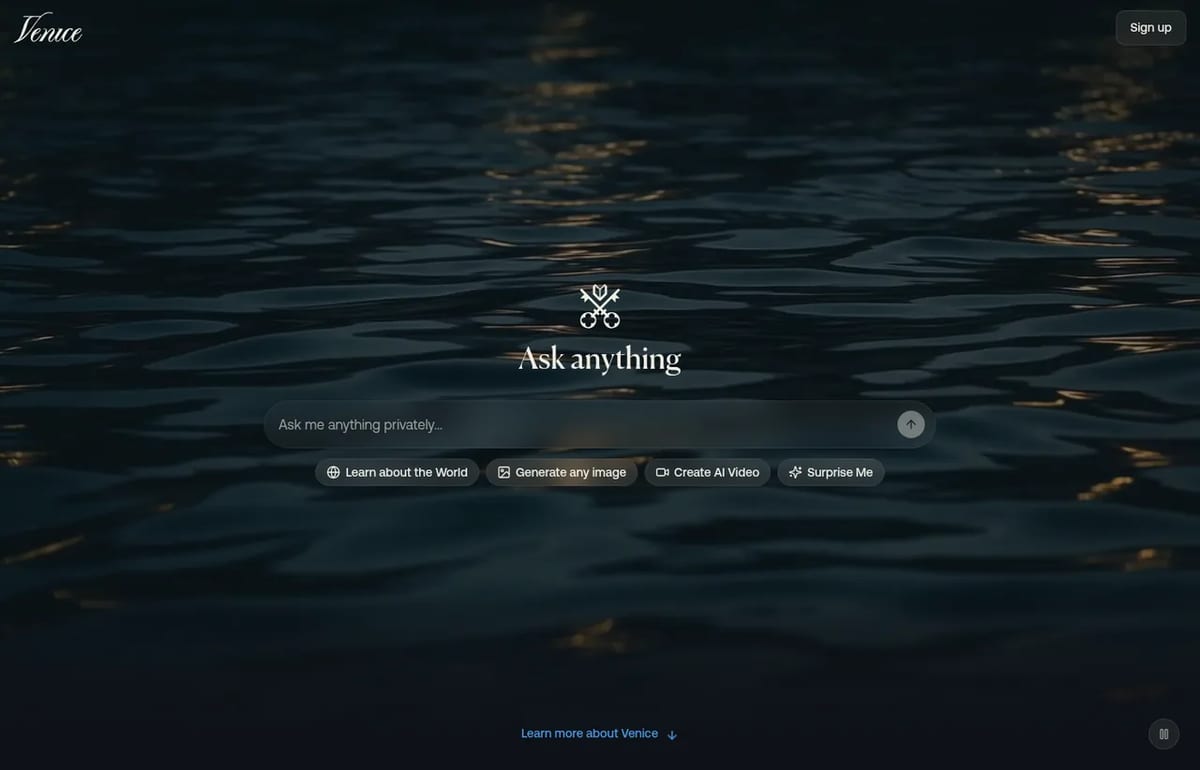 Venice AI homepage with the Ask anything prompt box